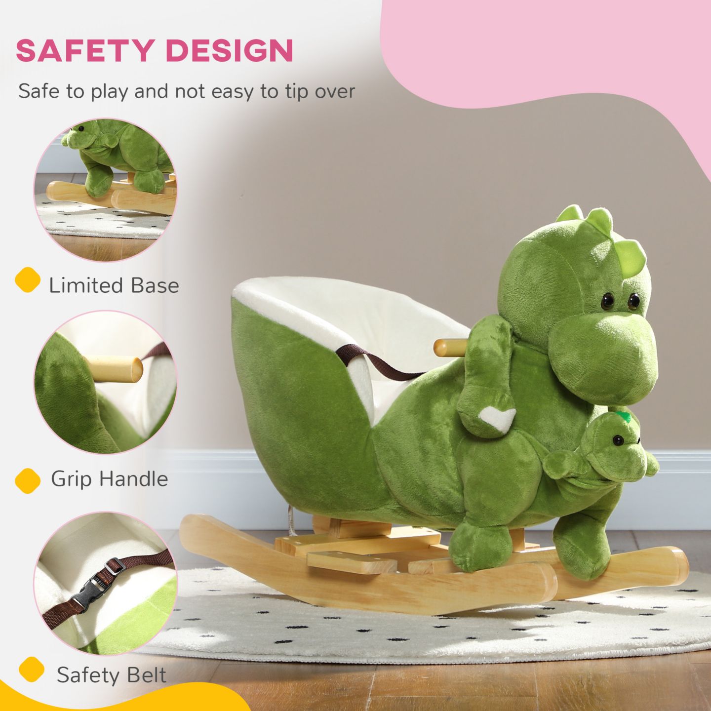 Детские игрушки Qaba Rocking Dinosaur, Wood Frame, with 32 Songs & Seat Belt, 55 lbs. Capacity, Ages 18-36 Months, цвет: Зелёный — фото 8
