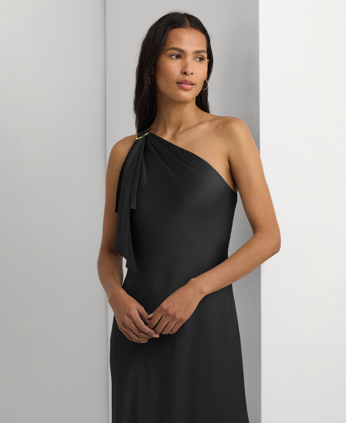Ralph Lauren Satin Charmeuse One-shoulder Gown In Black