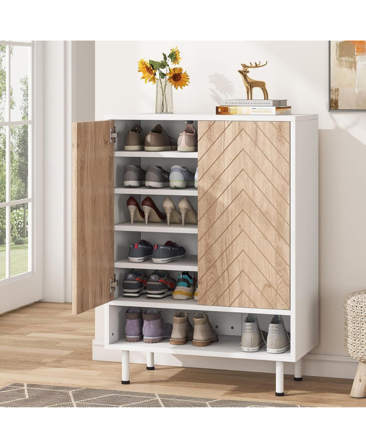 Tribesigns 6-Tier Shoe Cabinet, 18 Pair Rack Organizer Cabinet with Door and Shelves for Entryway Hallway Closet - White and beige