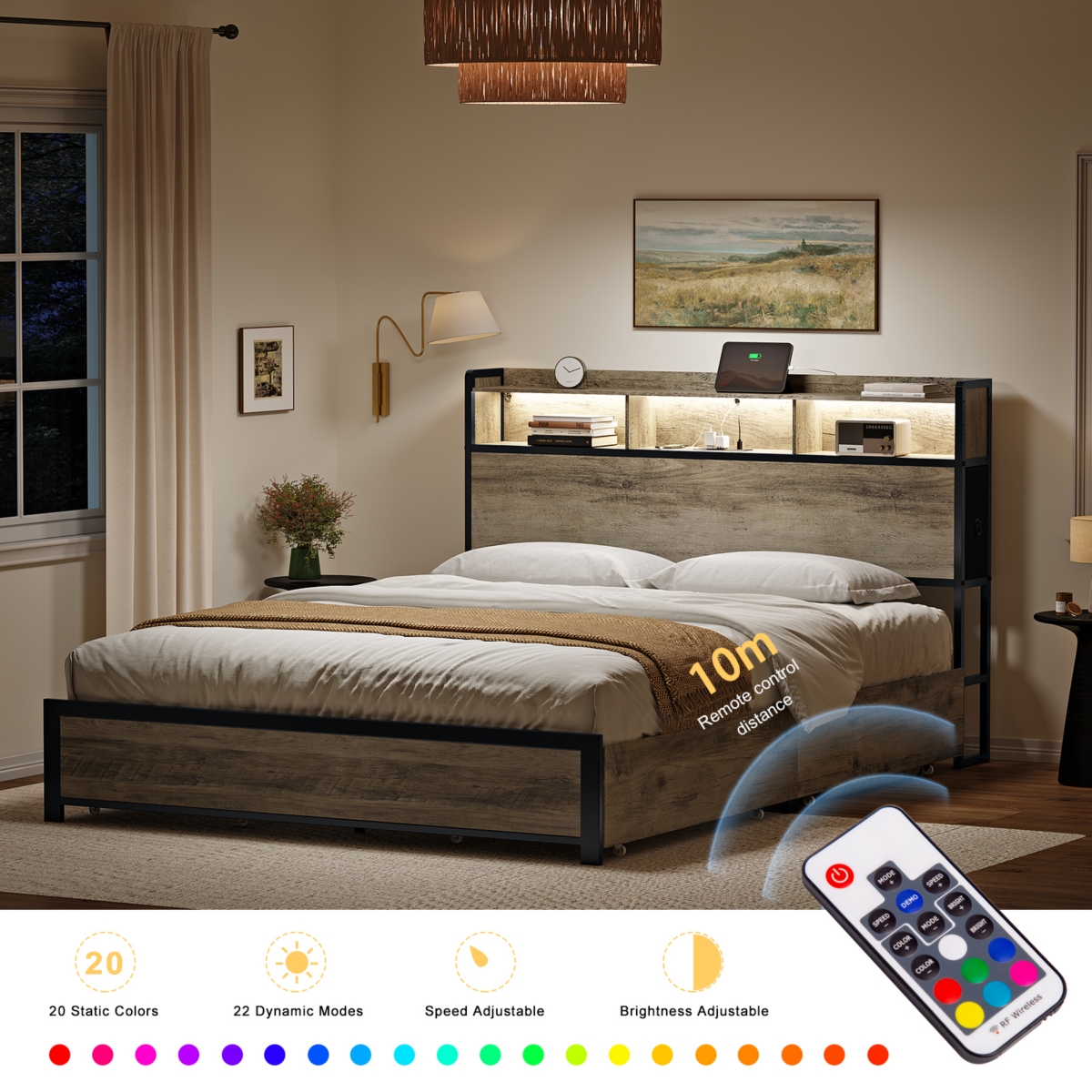 Hausource Size Bed Frame with Storage Headboard & 6 Drawers Platform Bed No Box Spring Needed