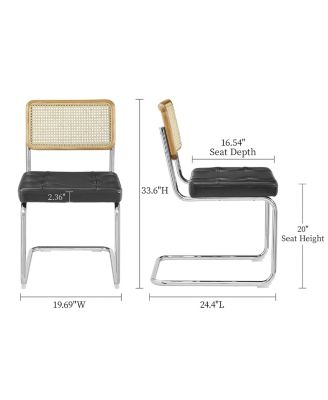 Set of 2 Rattan Dining Chairs Set Faux Leather Upholstered Mesh Back Cane Armless Chairs W/Chrome Metal Legs&Woven Backrest