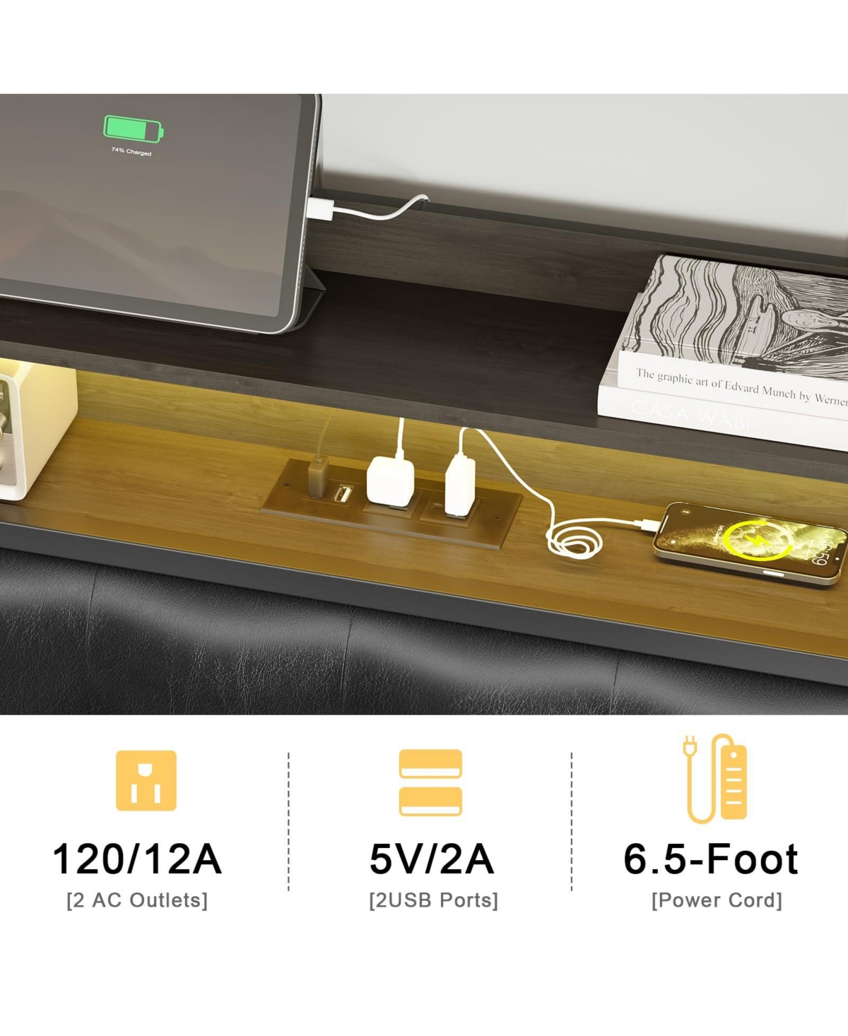 Hausource King/Twin Size Bed Frame with Storage Headboard & Charging Station Upholstered Platform Bed