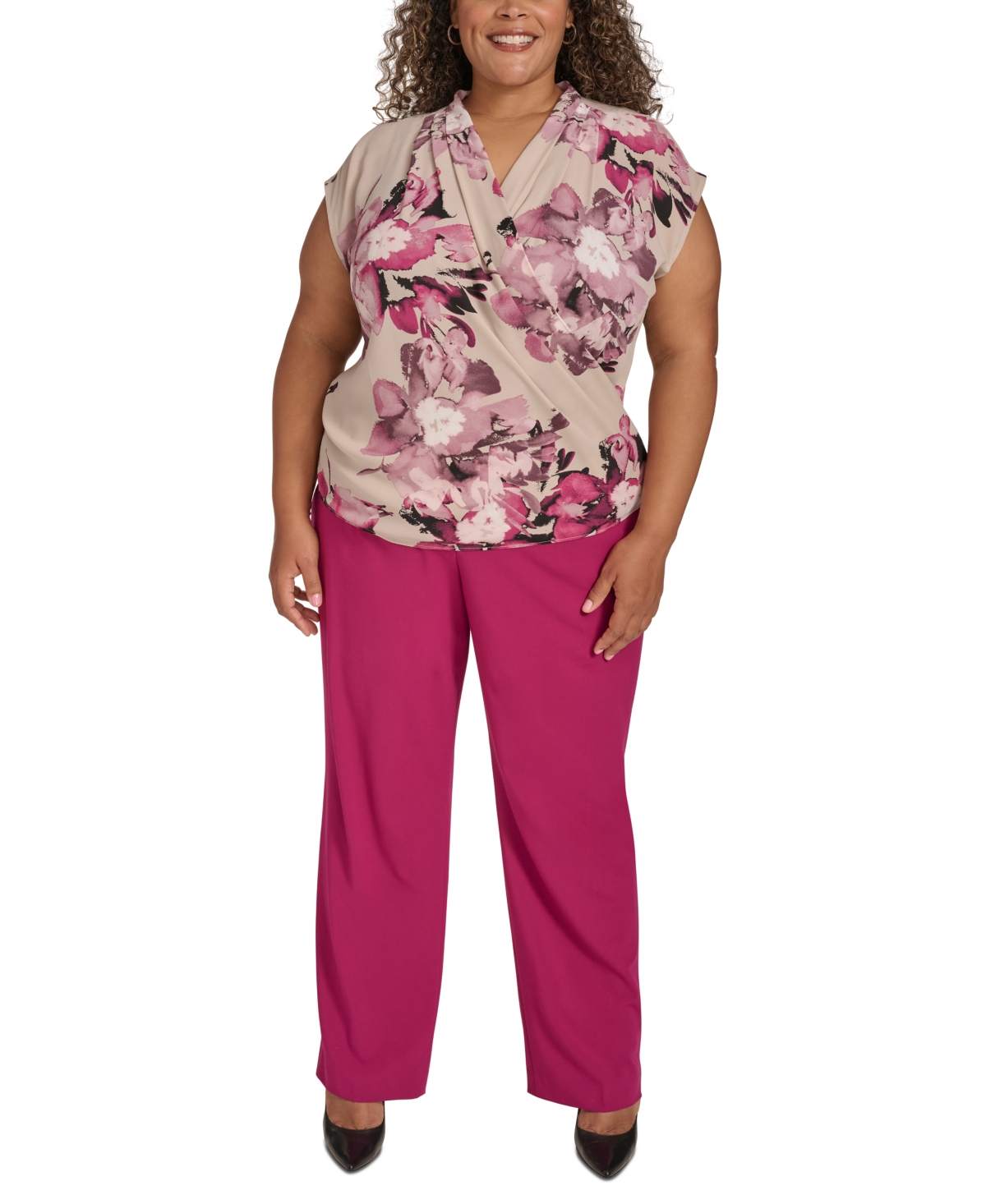 CALVIN KLEIN PLUS SIZE PRINTED CAP-SLEEVE FAUX-WRAP TOP 
