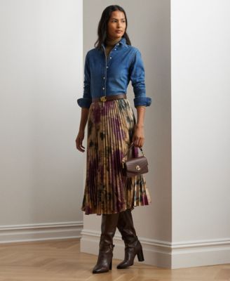 Womens Straight Fit Denim Shirt Pleated Midi Skirt