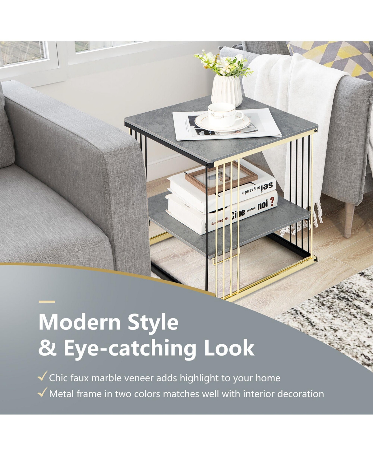 Gymax 2-tier Side End Coffee Table Square Nightstand for Living Room Bedroom - Grey+black+golden