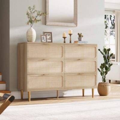 6 Drawer  metal Rattan Dresser for Bedroom, Large Double Dresser with Deep Drawers, Chest of Drawers