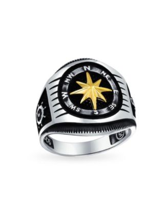 Large Boat Wheel Compass Signet Ring Black Gold Tone .925 Silver