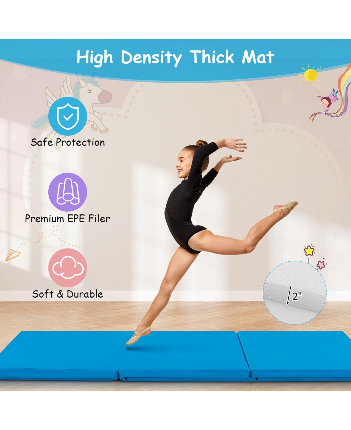 Hongge 6 x 2 Ft Tri-Fold Gym Mat with Handles and Removable Zippered Cover