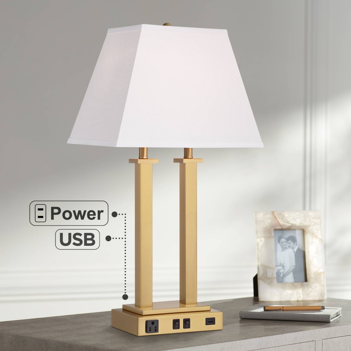 Amity 26" High Modern Desk Lamp Usb Port Ac Power Outlet Gold Warm Brass Finish Metal Single White Shade Home Office Living Room Charging Bedroom Beds