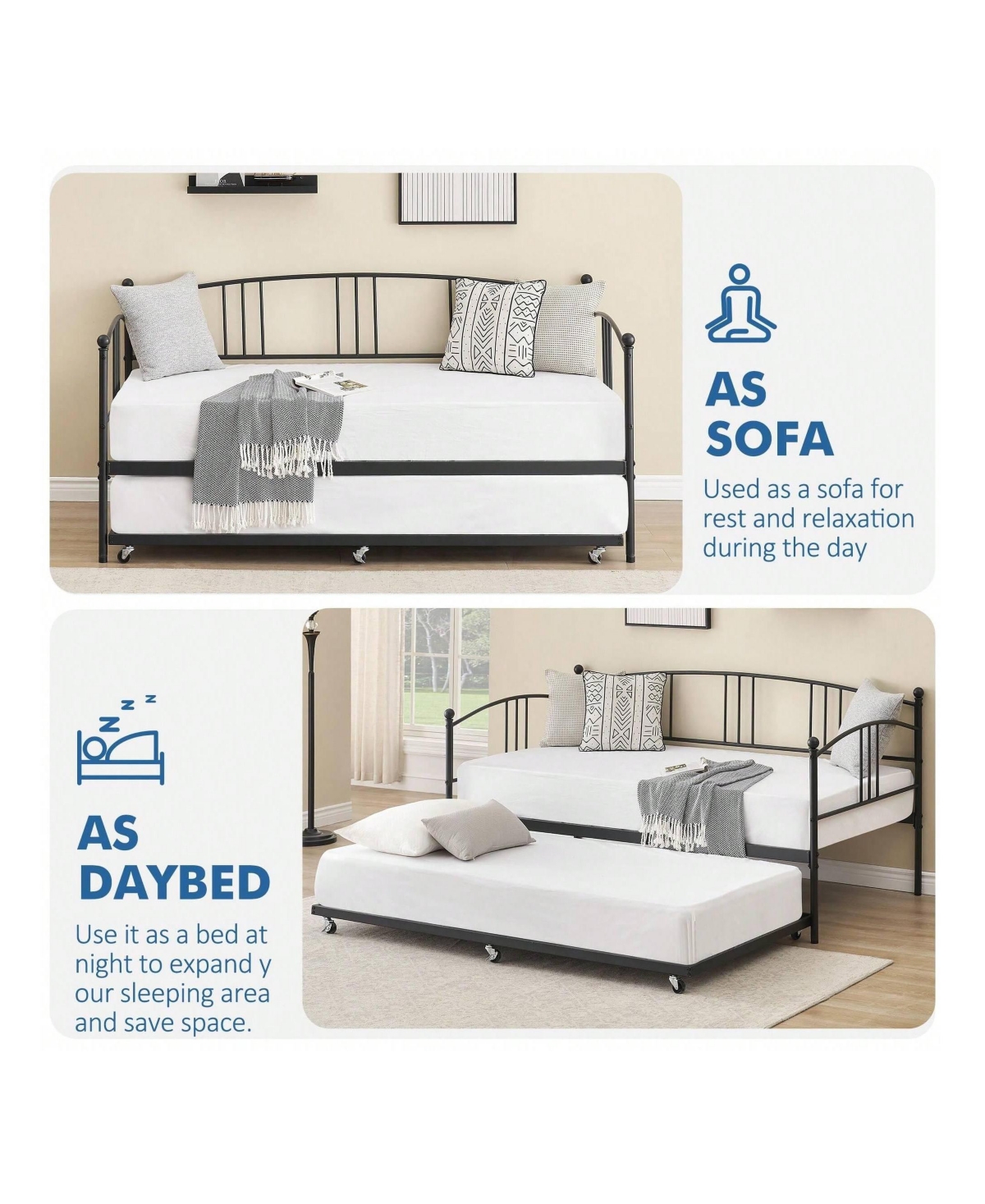 gaomon Rectangular Metal Daybed With Trundle, Sofa Bed Frame With 6 Casters And Steel Slat Support For Living Room, Bedroom And Guest Room