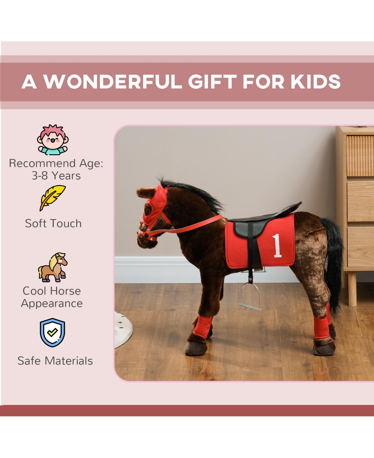 Qaba Ride on Horse for Kids w/ Neighing Sound, Saddle & Stirrups, 3-8 Years