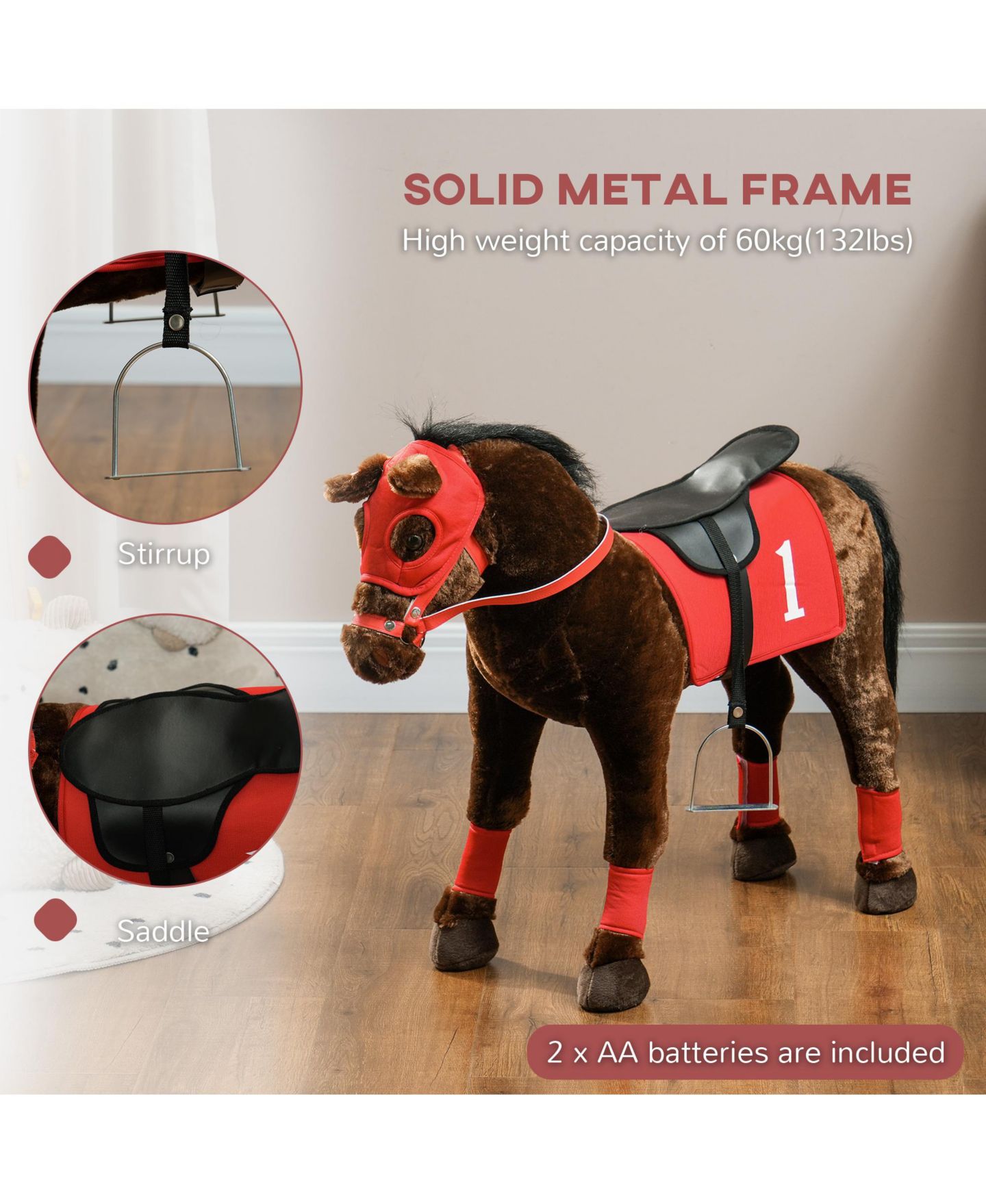 Детская игрушка Qaba Ride on Horse 33.5"L x 11"W Neighing Sound, Saddle & Stirrups Ride-On, 132 lbs., Ages 3-8, цвет: Коричневый — фото 7