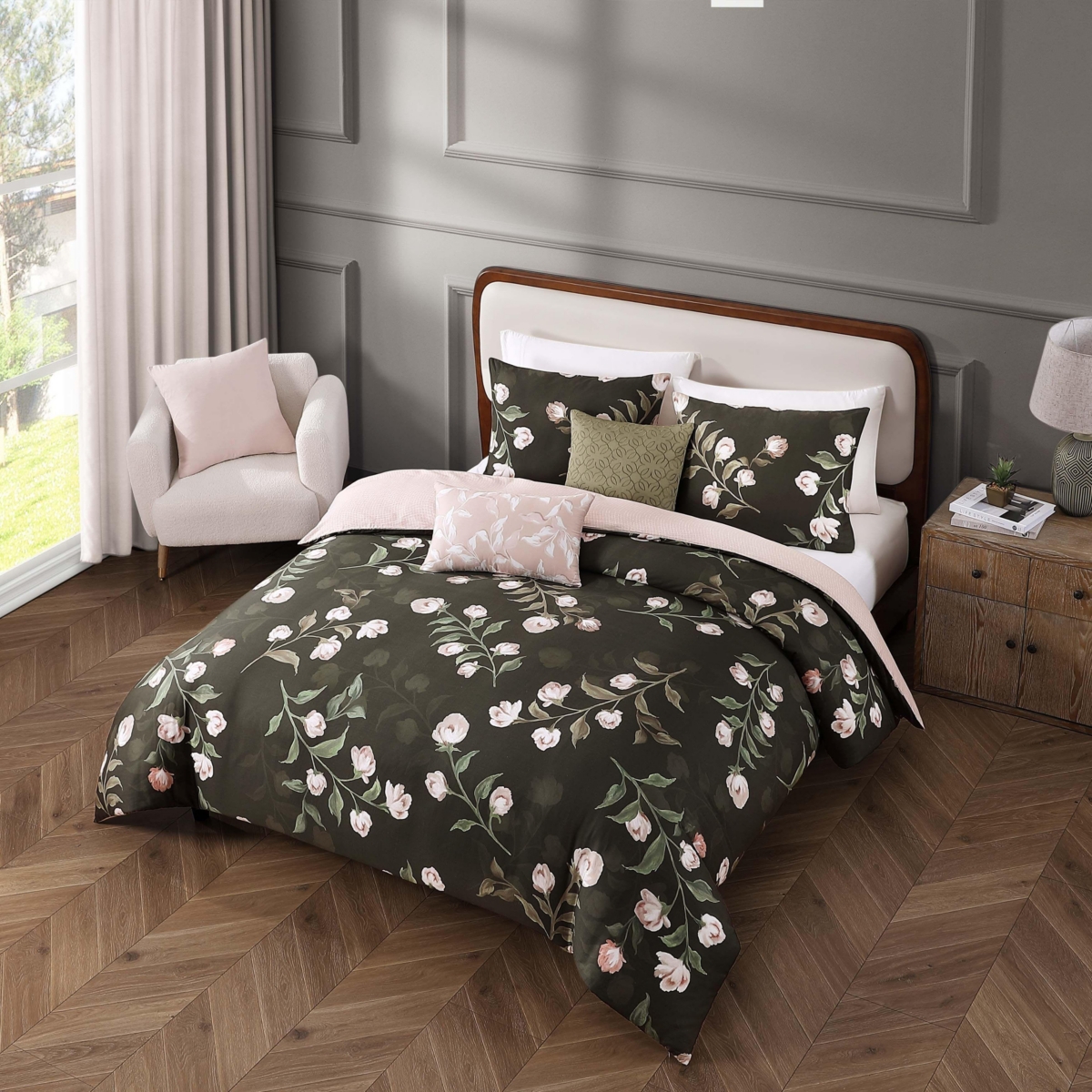 Bebejan Jasmine Flowers Bedding 200 Thread Count 100% Cotton Sateen 5 Piece Size Reversible Comforter Set