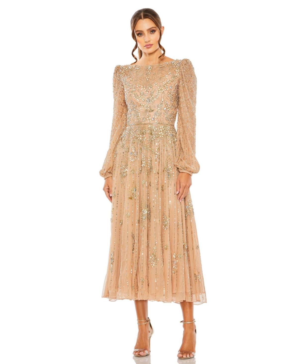 Mac Duggal Women's Floral Embellished High Neck Puff Long Sleeve A Line Midi Dress