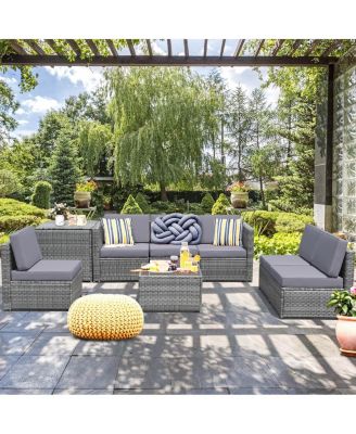 8 Pieces Wicker Sofa Rattan Dining Set Patio Furniture with Storage Table-Gray