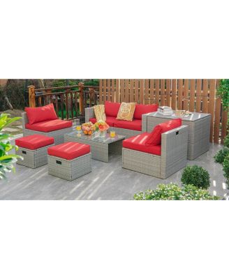 8 Pieces Patio Rattan Furniture Set with Storage Waterproof Cover and Cushion-Red