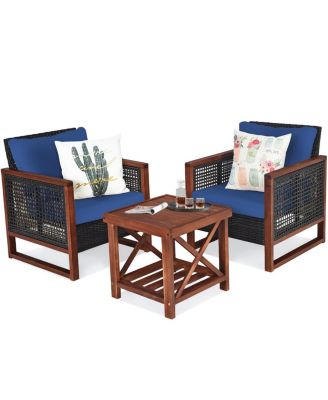 3 Pieces Patio Wicker Furniture Set with Acacia Wood Coffee Table and Washable Cushion-Navy
