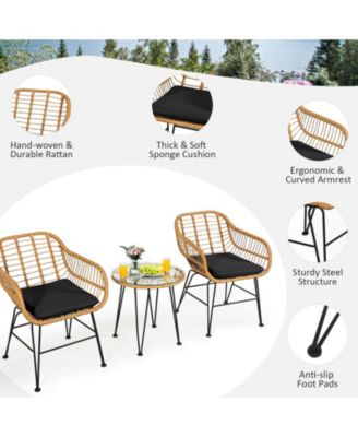 3 Pieces Rattan Furniture Set with Cushioned Chair Table-Black