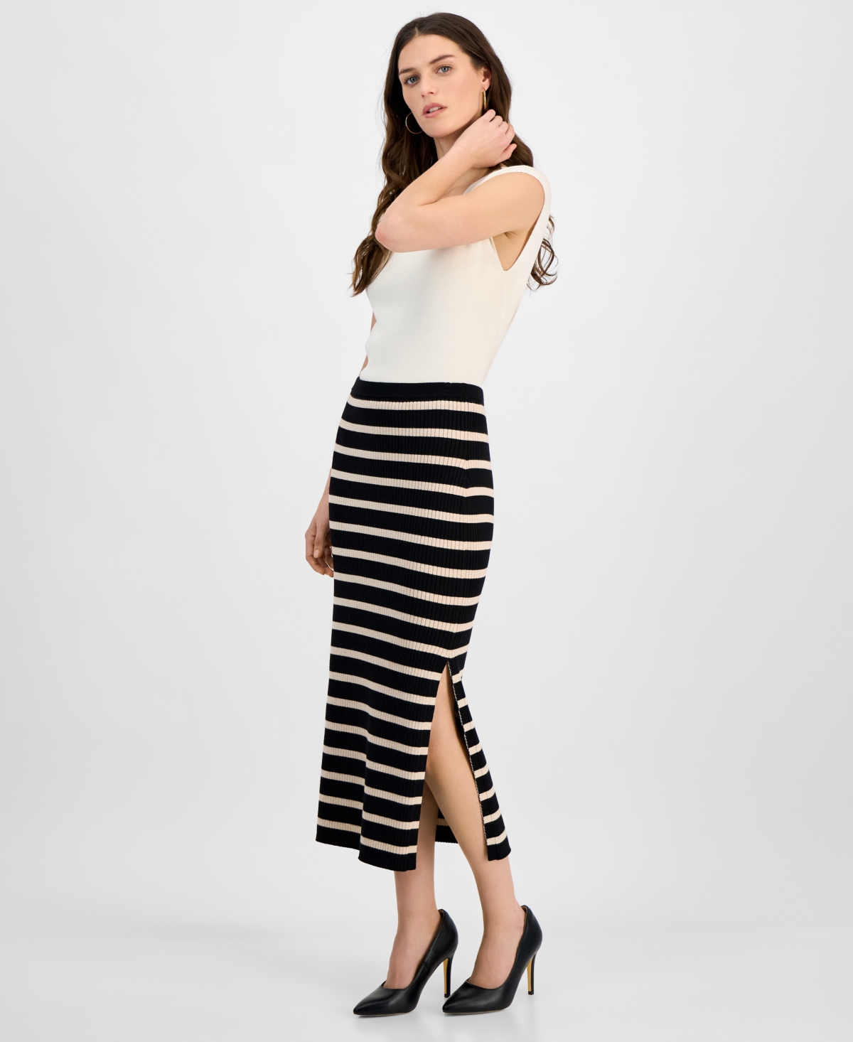 Shop T Tahari Women's Ribbed Striped Bodycon Midi Skirt In Soft Tan Heather