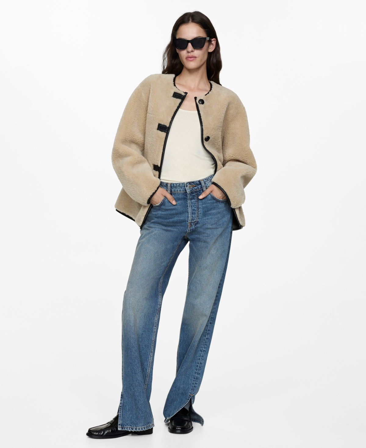 Mango Contrast Faux Leather Trim Faux Fur Toggle Coat In Ecru