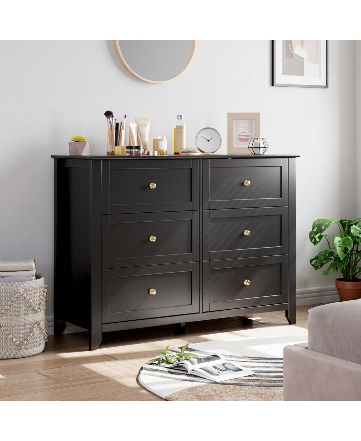 Modern 6 Chest Of Drawer Dresser, Modern Dresser With Deep Drawers And Nickel Round Handle, Wood Organizer Storage Cabinet For Bedroom, Living Room, H