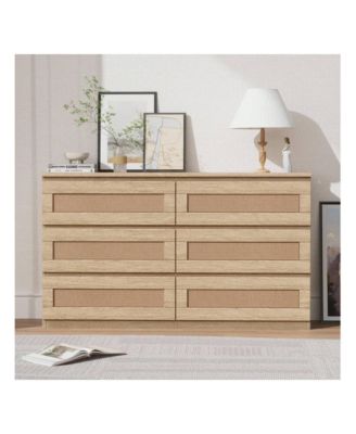 1 Pc Wood & Rattan Dresser 6 Drawers Modern Wide Chest Anti-Tip Kit Bedroom Storage