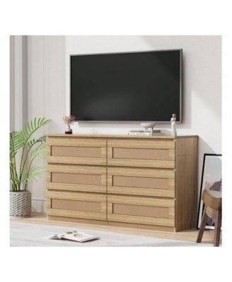 1 Pc Wood & Rattan Dresser 6 Drawers Modern Wide Chest Anti-Tip Kit Bedroom Storage
