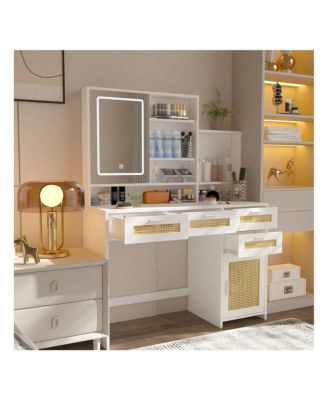 Makeup Vanity With Lights In 3 Colors And Openable Mirror, Vanity Desk With 4 Drawers, 1 Cabinets And Shelves