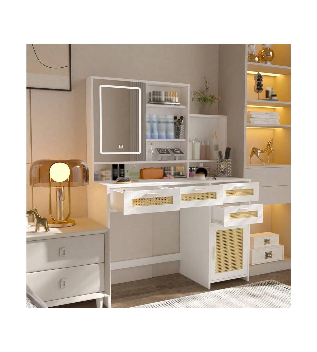 gaomon Makeup Vanity With Lights In 3 Colors And Openable Mirror, Vanity Desk With 4 Drawers, 1 Cabinets And Shelves, Vanity Table Rattan Vanity Dress