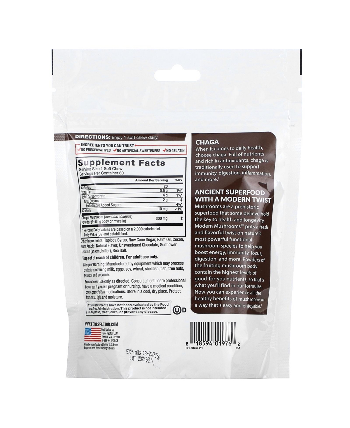 Force Factor Modern Mushrooms Chaga Chewy Chocolate Roll - Superfood Soft Chews