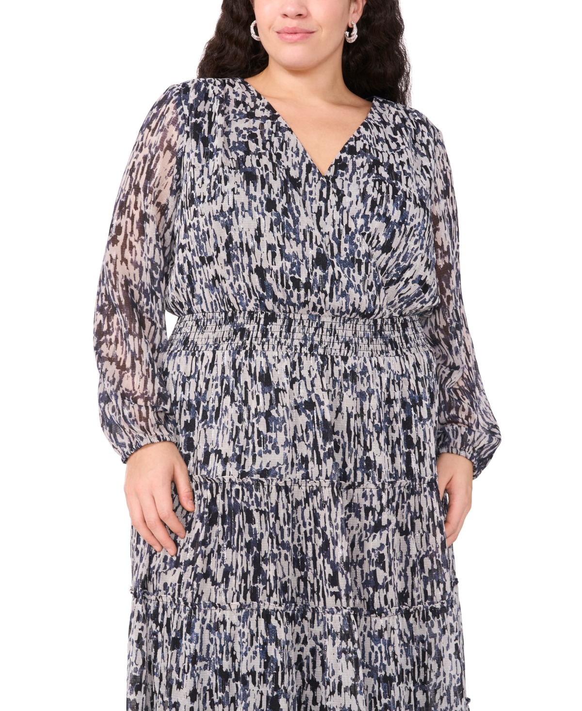Msk Plus Size Printed Smocked-Waist Balloon-Sleeve Maxi Dress