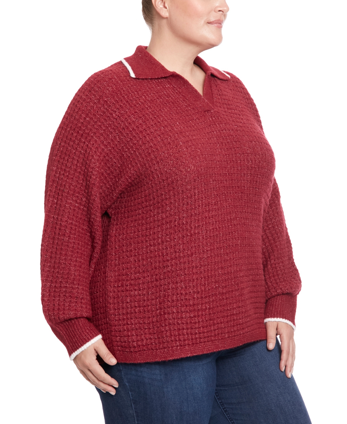 Joseph A Plus Size Ribbed Johnny Collar Dolman Sweater with Tipping -Ivory