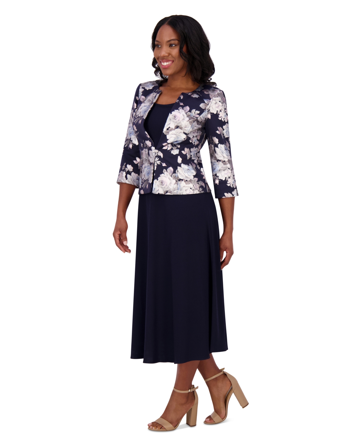 Jessica Howard Women's 2.pc Floral-print 3/4-sleeve Jacket & Sleeveless Midi Dress In Navy