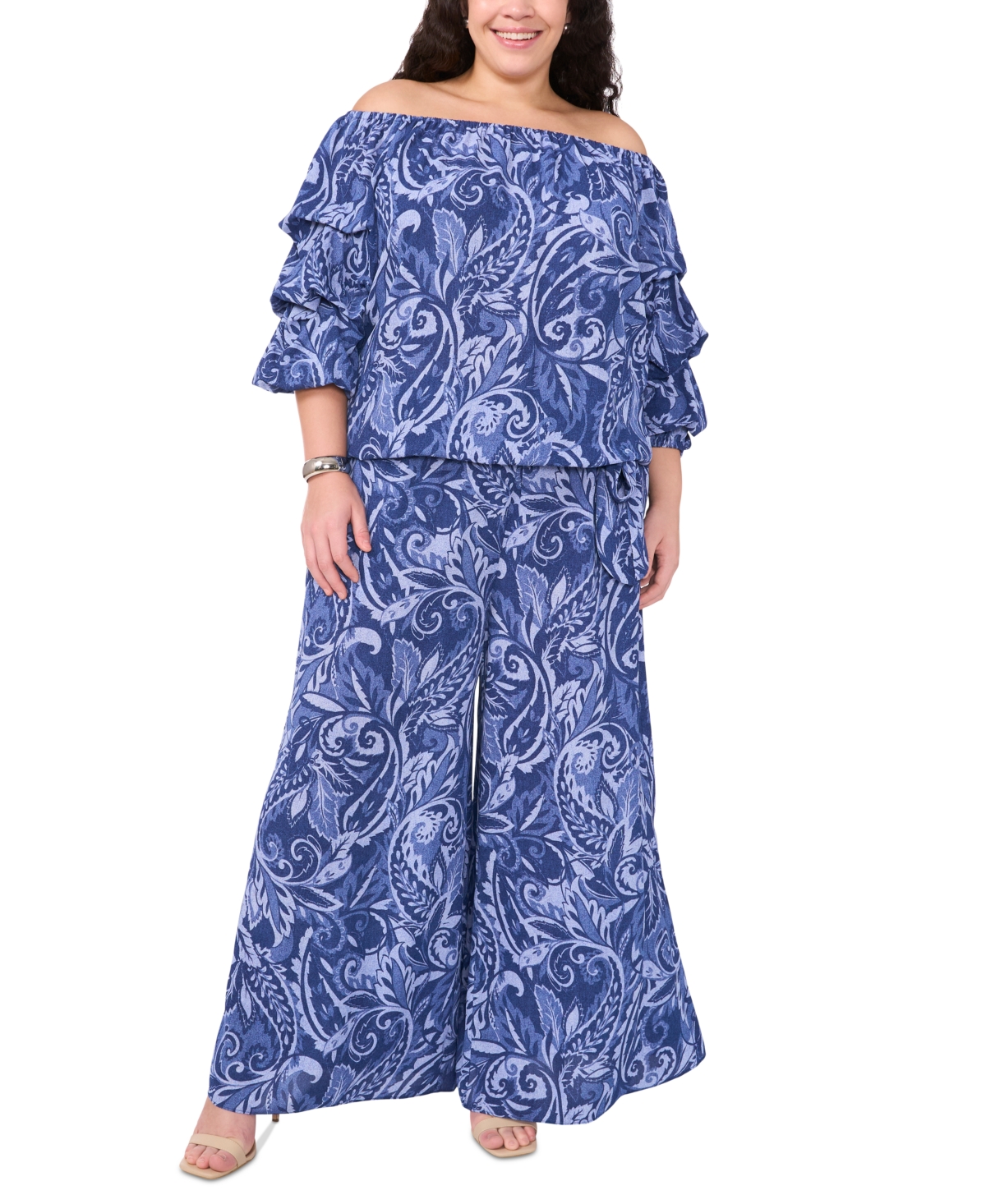 VINCE CAMUTO PLUS SIZE PAISLEY-PRINT OFF-THE-SHOULDER BUBBLE 3/4-SLEEVE TIE-FRONT BLOUSE 