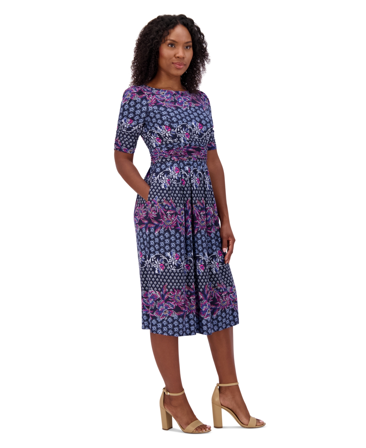 Jessica Howard Plus Size Elbow-Sleeve Gathered-Waist Dress