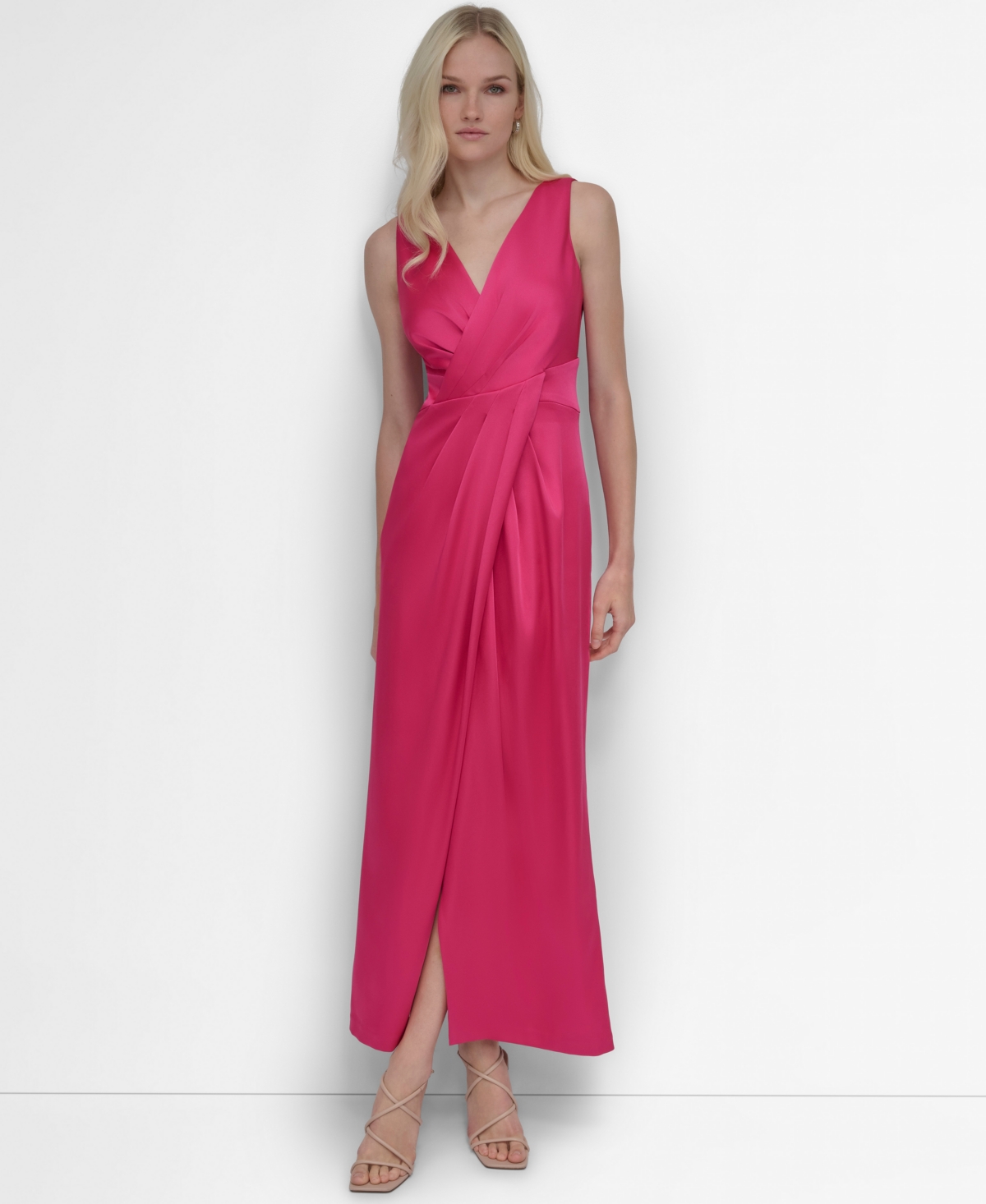 Shop Dkny Women's Surplice-neck Faux-wrap Sleeveless Gown In Pink Peacock