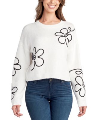BCX - Juniors' Floral Graphic Cropped Sweater