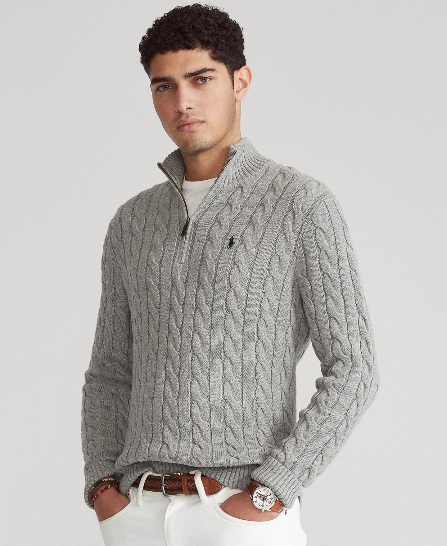 Мужской свитер Polo Ralph Lauren Big & Tall Cable-Knit Cotton Quarter-Zip, цвет: Палевый серый меланжевый — фото 7