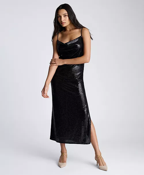 women's cowl neck sequin maxi dress