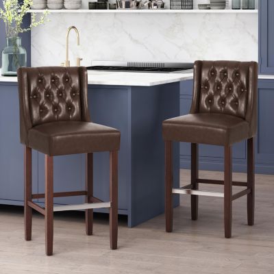 Set of 2 Bar Stools 30.5" Seat Height Backrest Wood Frame Ideal for Kitchen Island or Home Bar