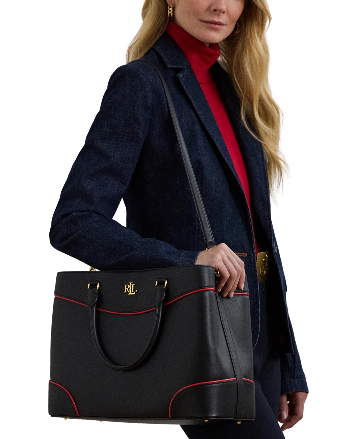 Ralph Lauren Two-tone Leather Large Marcy Satchel In Black,festive Red