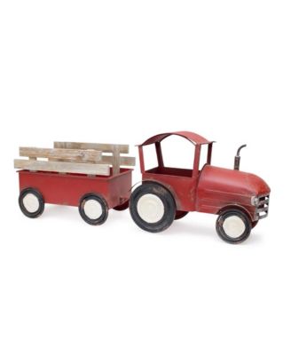 Iron Metal Tractor With Wagon Decor With Wood Accents 27.5"l