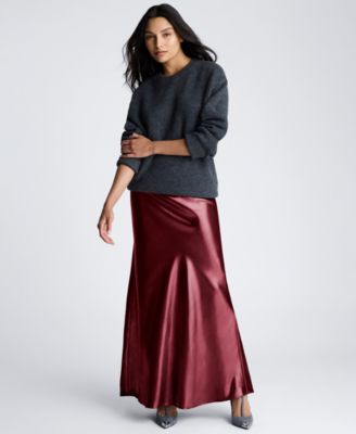 Womens Oversized Crewneck Sweater Satin Pull On Maxi Slip Skirt