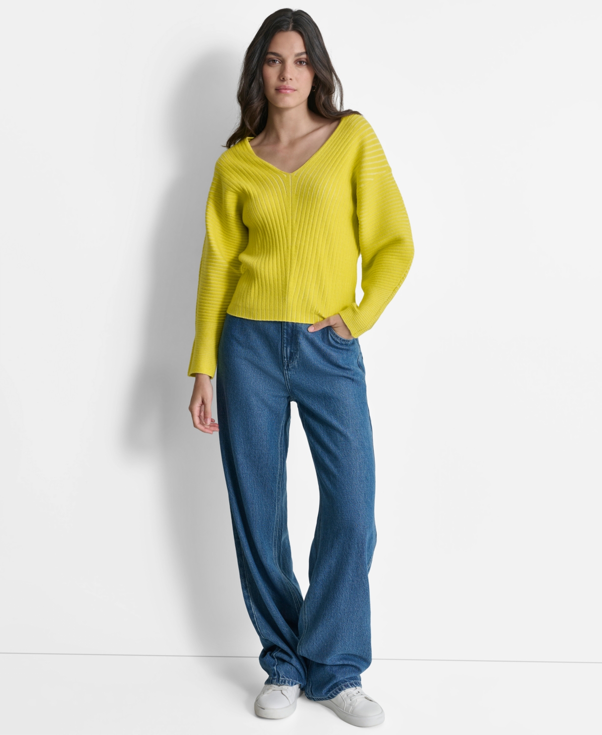 Dkny Women's V-Neck Long-Sleeve Rib-Knit Sweater -ivory