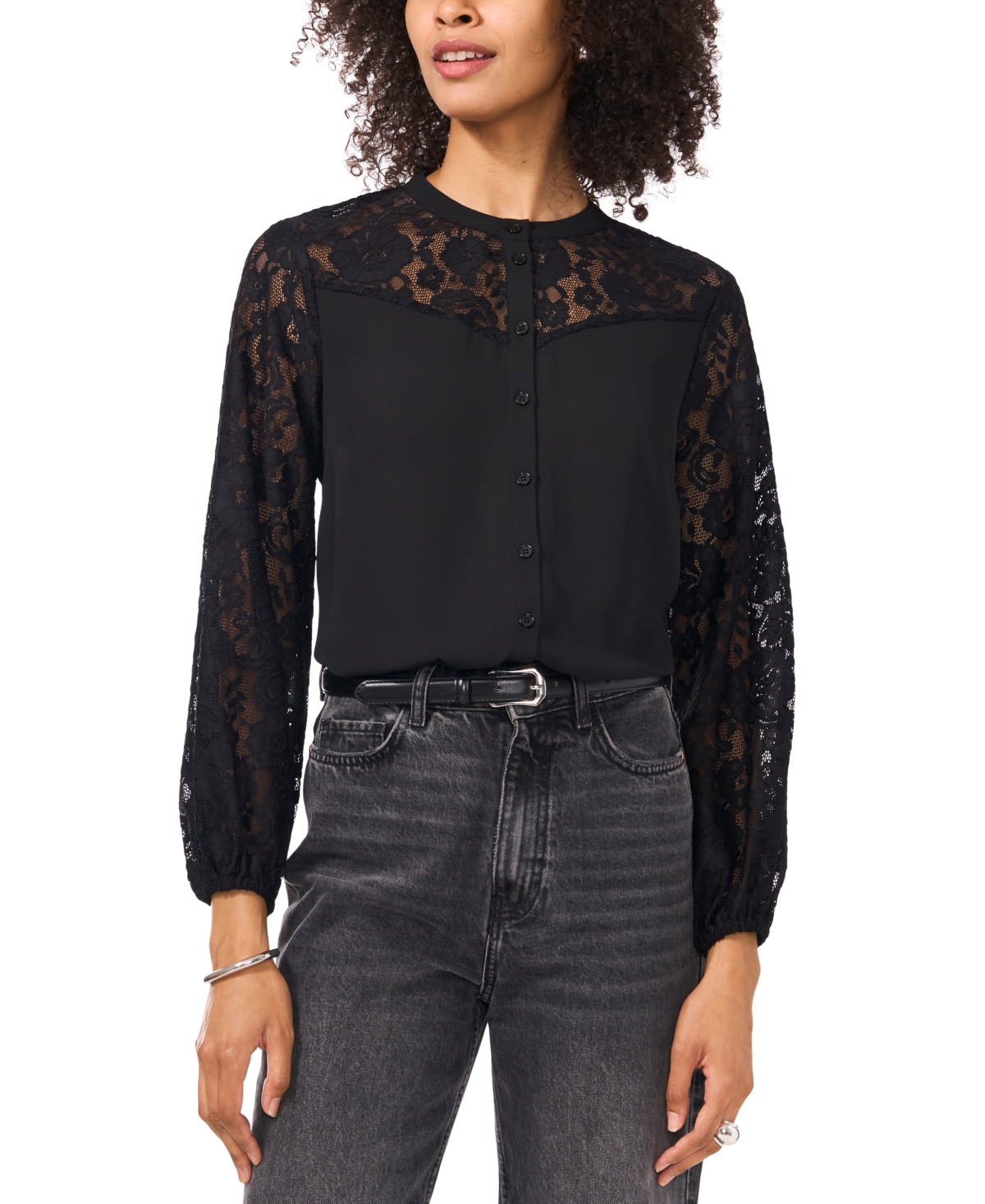 Shop Vince Camuto Women's Lace Yoke Button-front Top In Rich Black