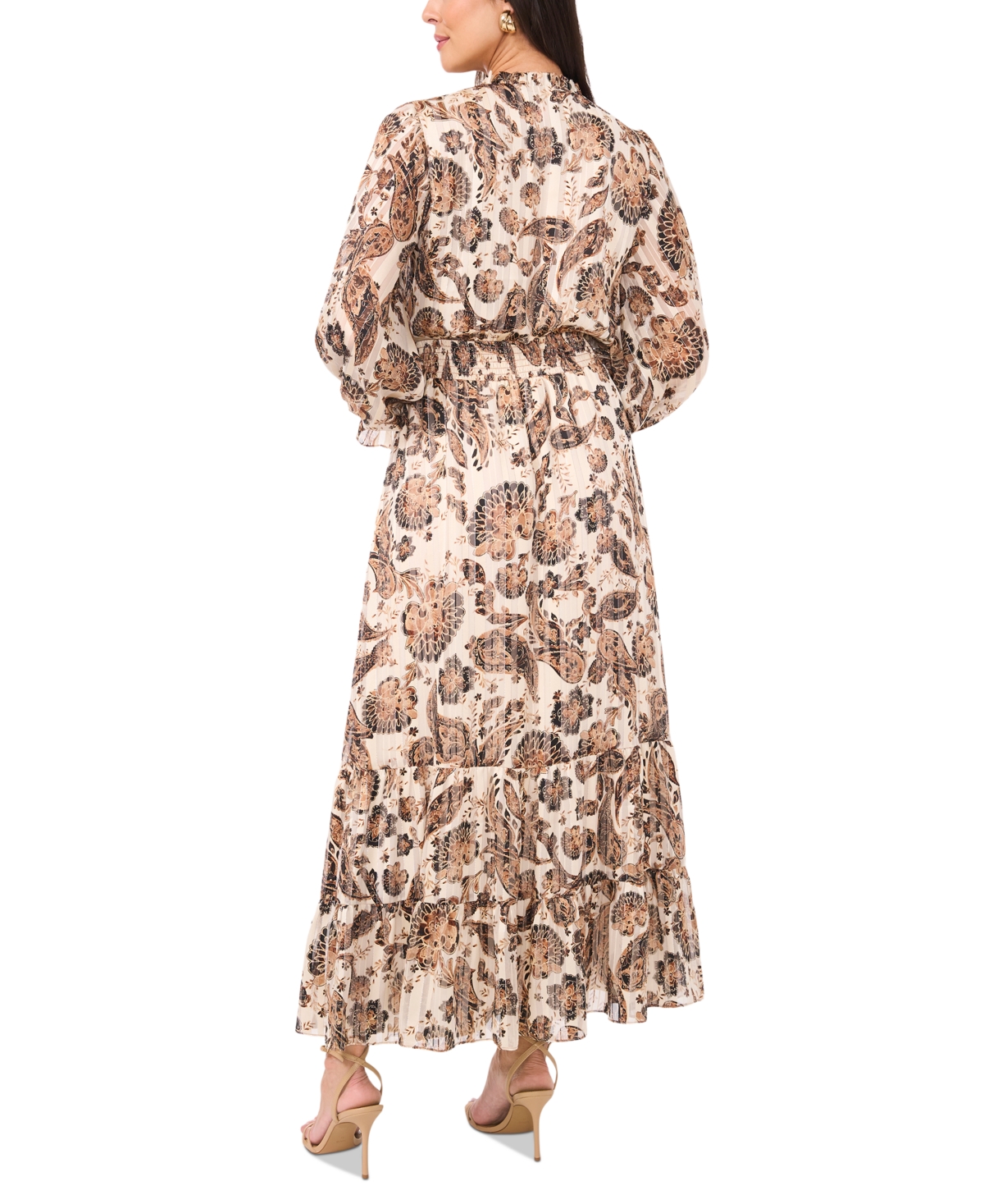 Vince Camuto Metallic Stripe Paisley Long Sleeve Maxi Dress In Cafe Sky
