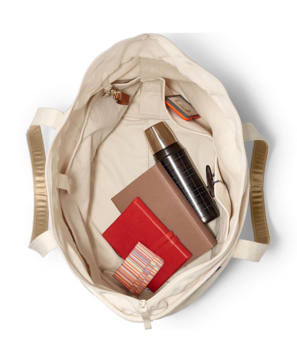 Lands' End Metallic 5 Pocket Zip Top Long Handle Canvas Tote Bag -bronze metallic