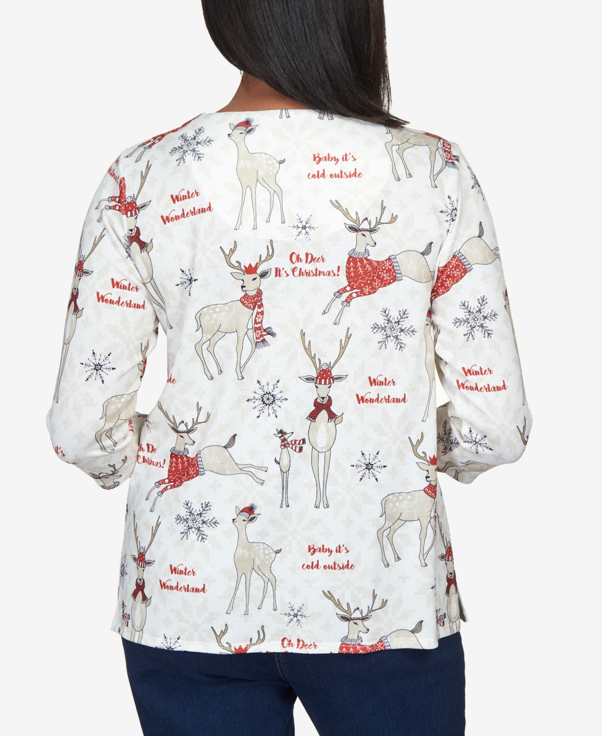 Alfred Dunner Women's Classics Oh Deer Split Neck Top In Neutral Multi