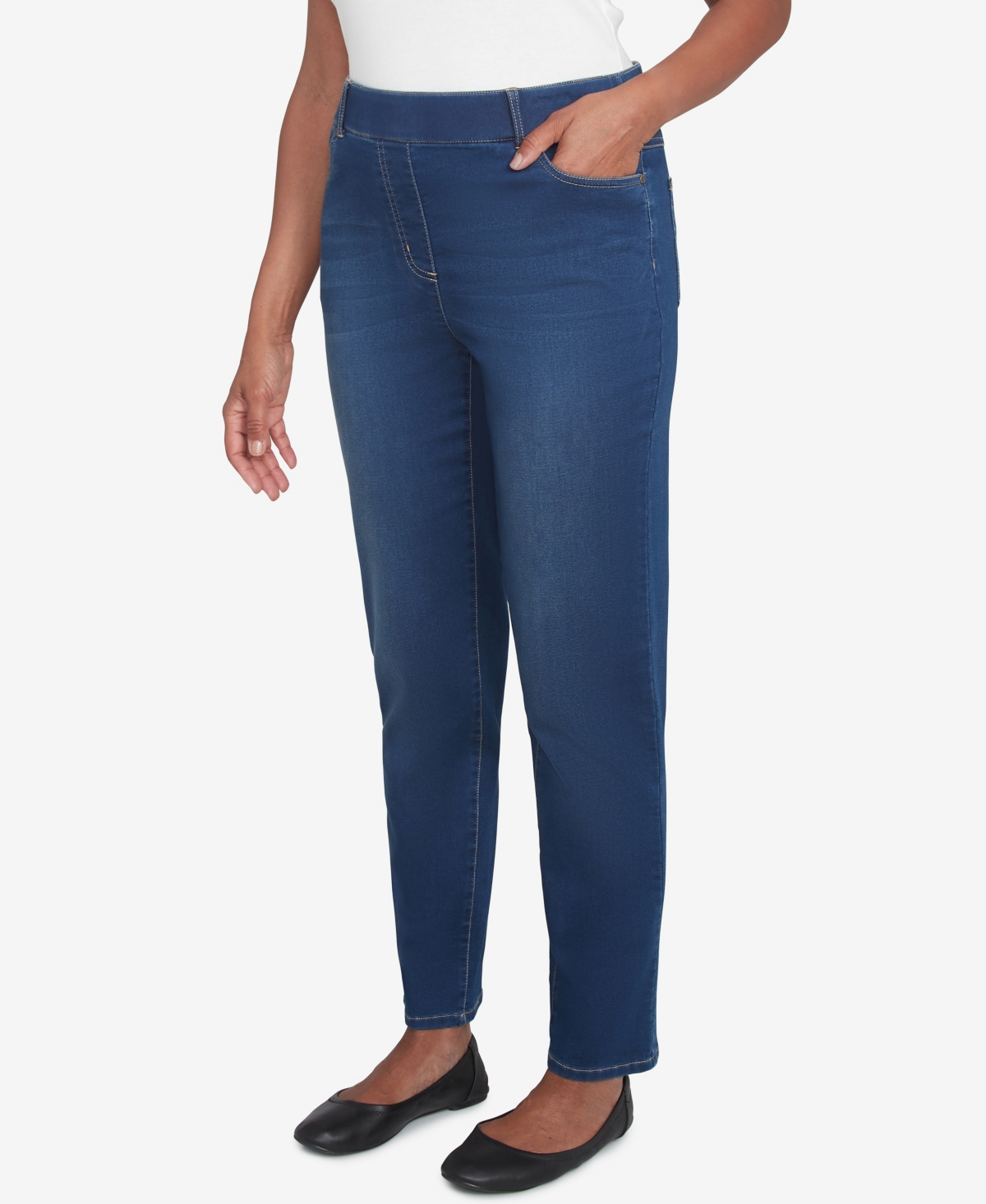 Alfred Dunner Petite Harvest Moon Super Stretch Elastic Faux Fly Denim Short Length Pants In Dark Indigo