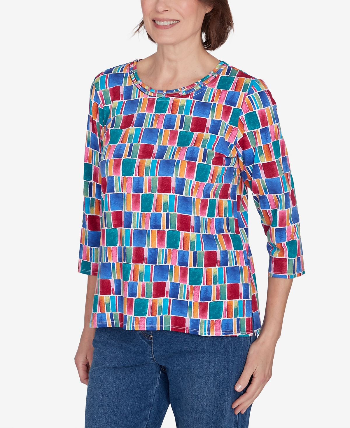 Alfred Dunner Petite Key Items Box Print Short Sleeve Top In Multi